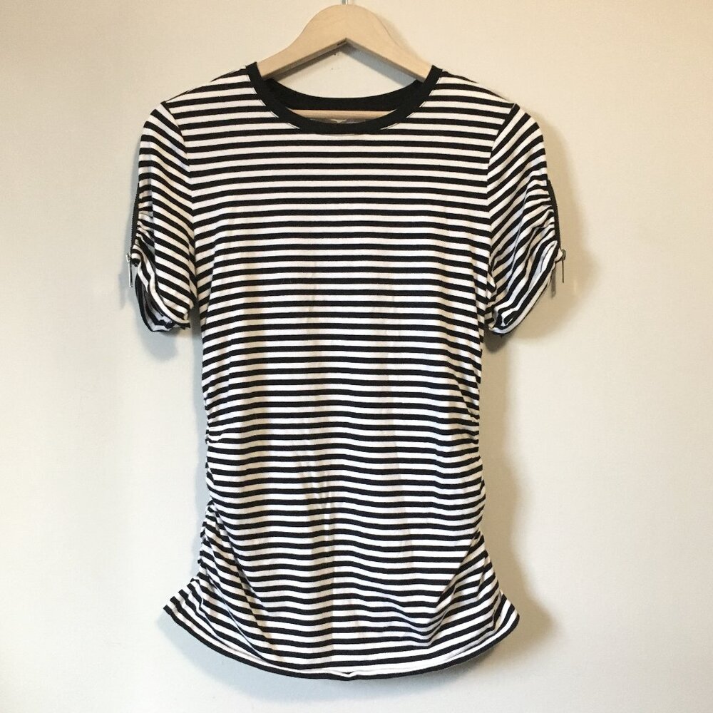 Michael Kors FrenchGirl Stripe Zipper Sleeve Top Black White Ruched Cotton Tee S